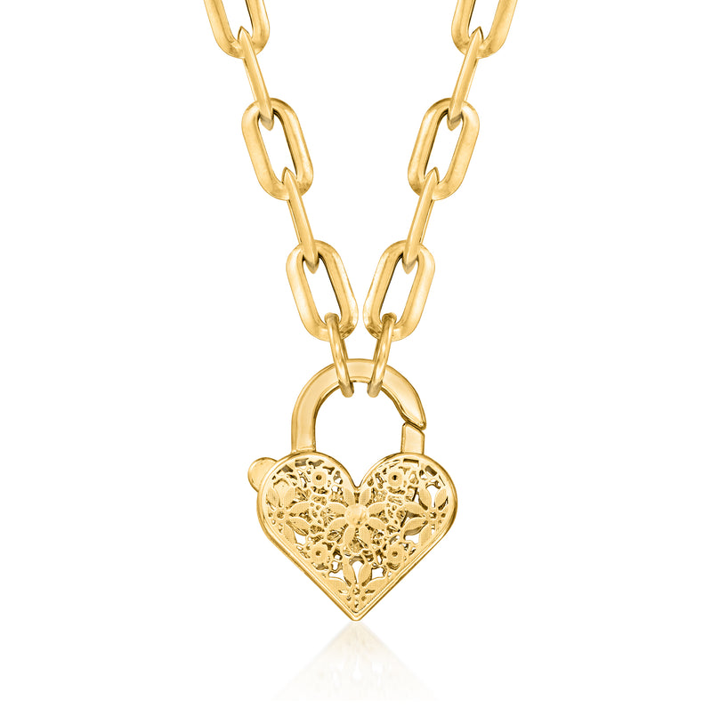 Yellow gold heart pendant necklace with floral filigree openwork heart charm and links