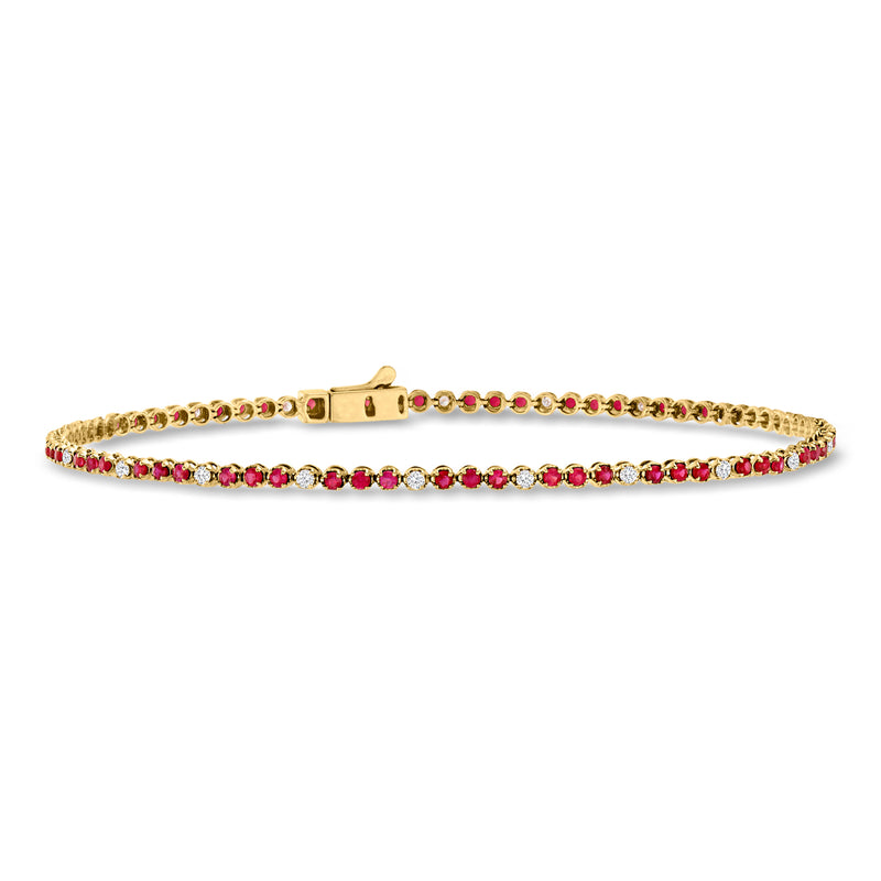 14kt yellow gold tennis bracelet with red ruby stones and white diamond accents
