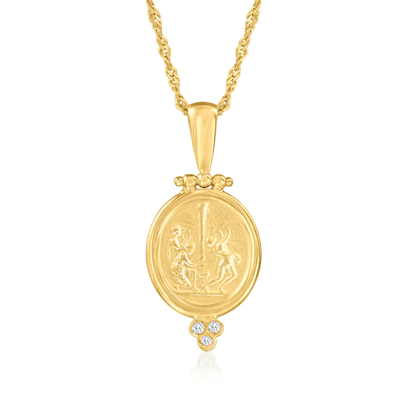 Gold cameo pendant necklace with round locket, carved figure, and diamond accents