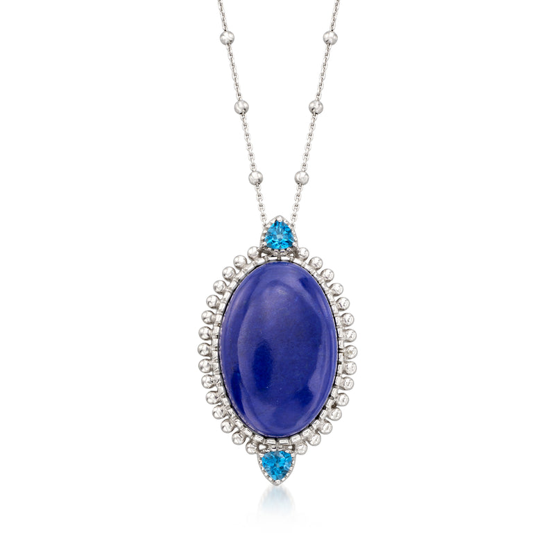 Sterling silver pendant necklace with oval blue topaz, halo beadwork, blue accents
