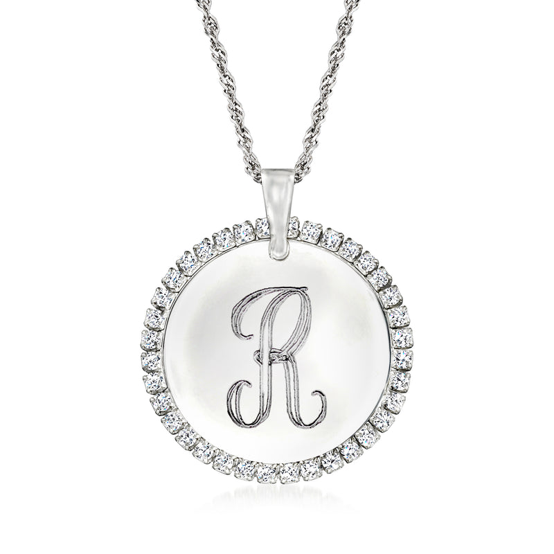 Sterling silver personalized CZ disc pendant necklace with rhinestone halo and monogram initial