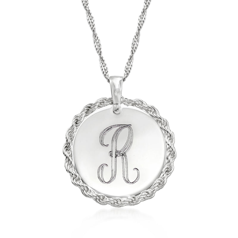 Sterling silver disc pendant necklace with rope bezel and monogram initial