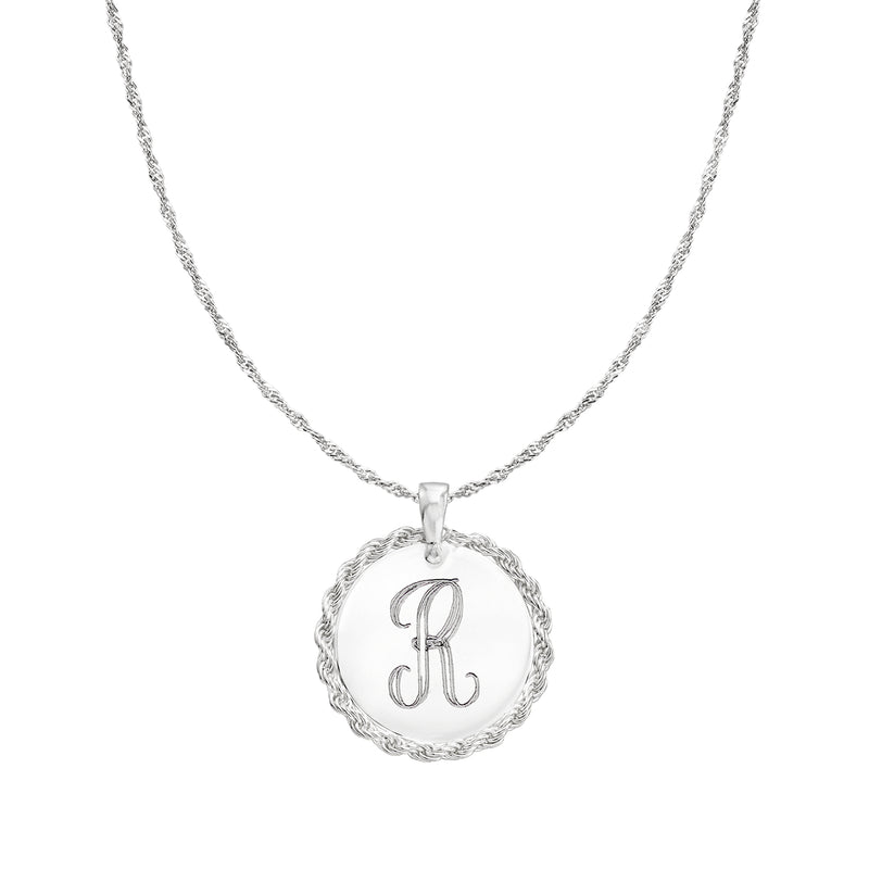Sterling silver rope-edge disc pendant necklace with monogram initial