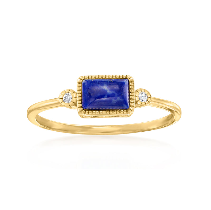 14kt yellow gold ring with square blue lapis center and two round diamond accents
