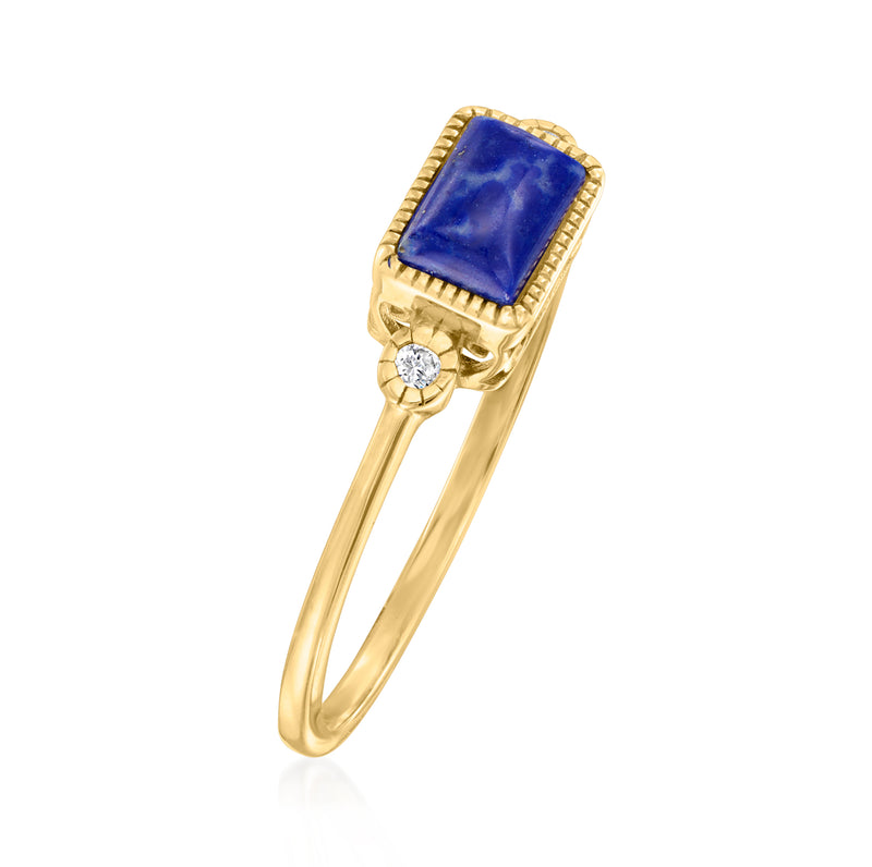 14kt yellow gold ring with raised square blue lapis, bezel setting, and diamond band