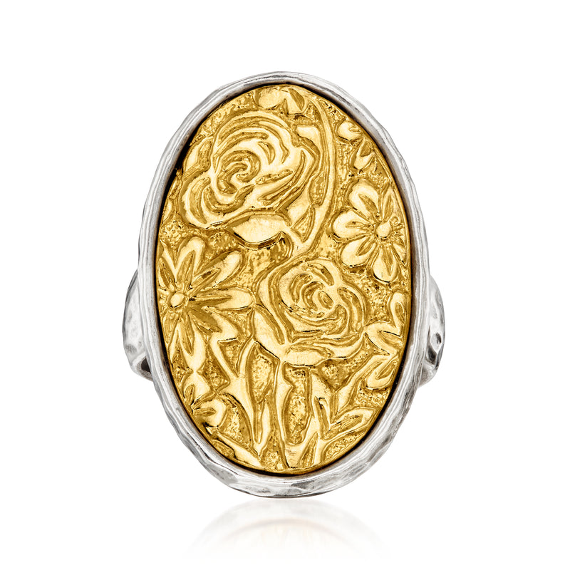 Two-tone sterling silver oval floral ring with gold-tone engraved flowers