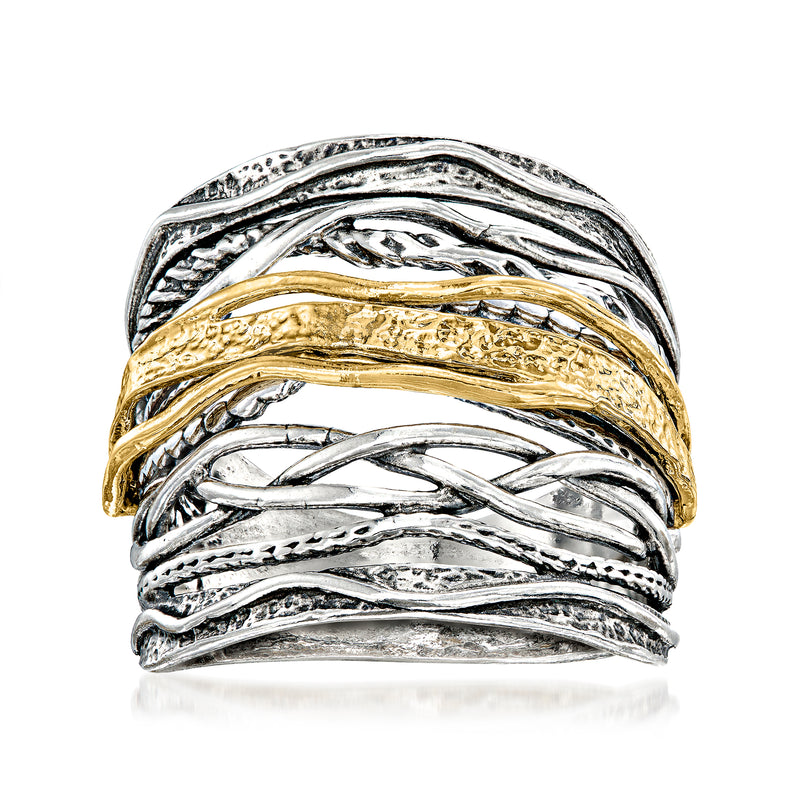 Two-tone sterling silver and gold highway ring with etched wave band design