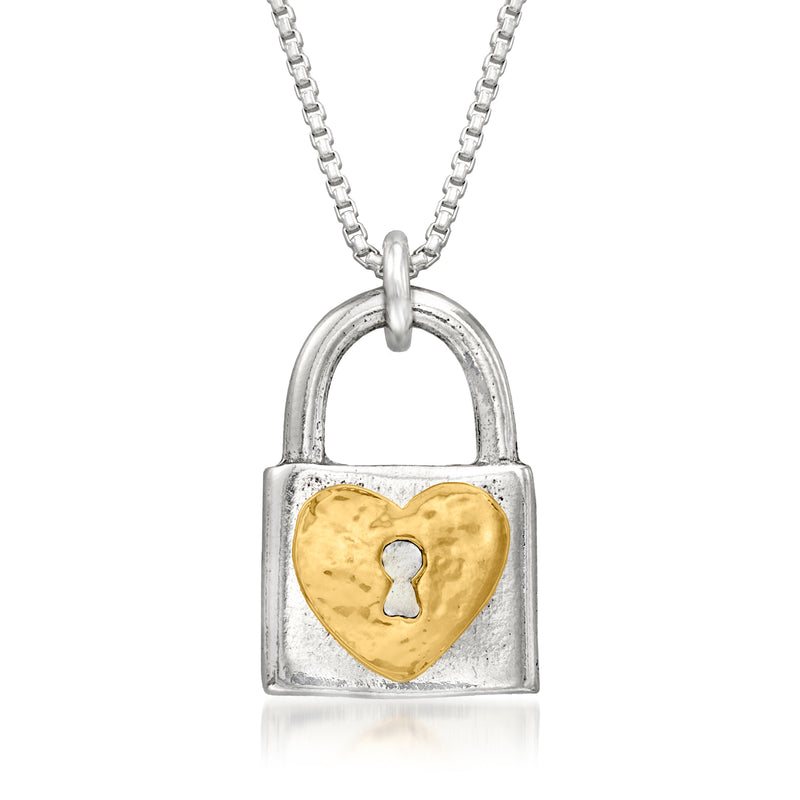 Heart lock pendant necklace with sterling silver padlock and gold-tone heart detail