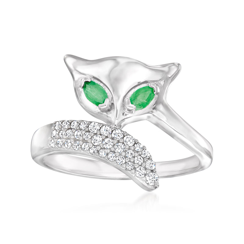 Sterling silver fox ring with emerald eyes and white zircon pavé