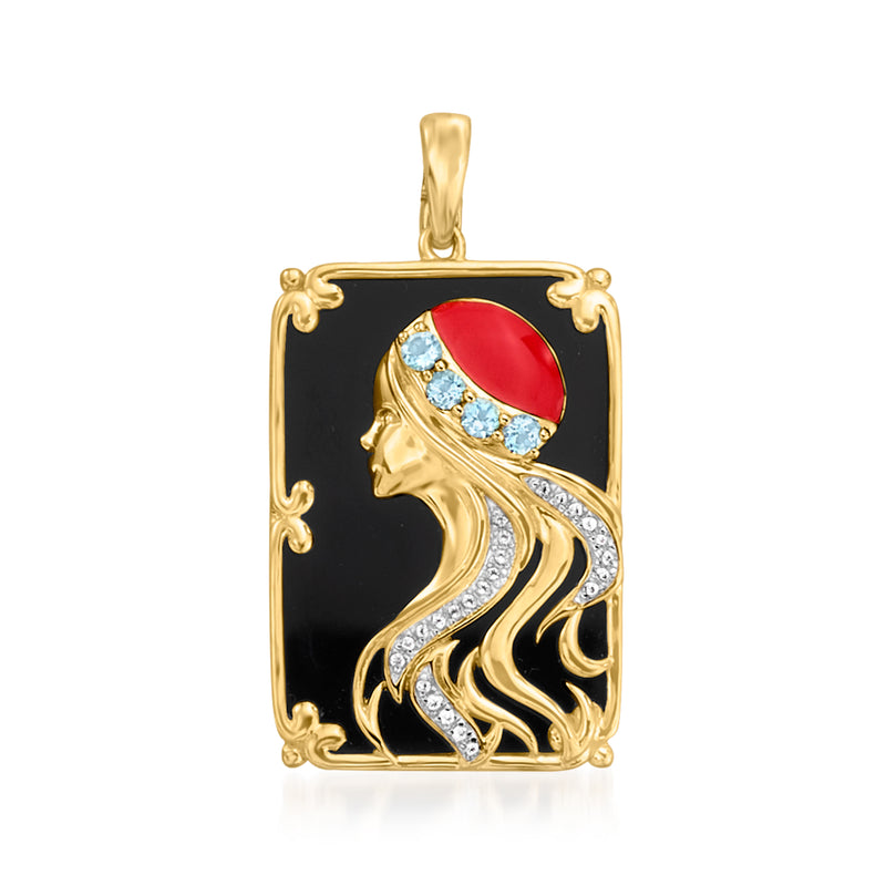 Gold-tone Art Deco pendant with red enamel, blue and white stones, black enamel panel