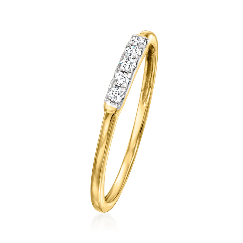 Yellow gold five-stone diamond ring angled view with five round stones on band