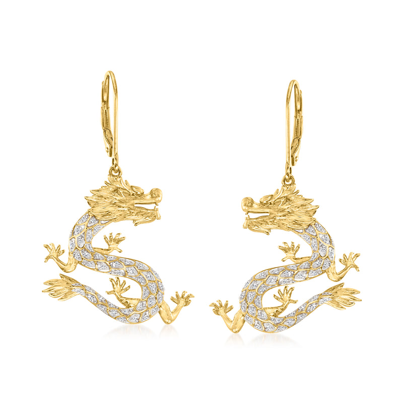 Gold dragon drop earrings with blue enamel, clear stones, leverback, 18kt gold over sterling