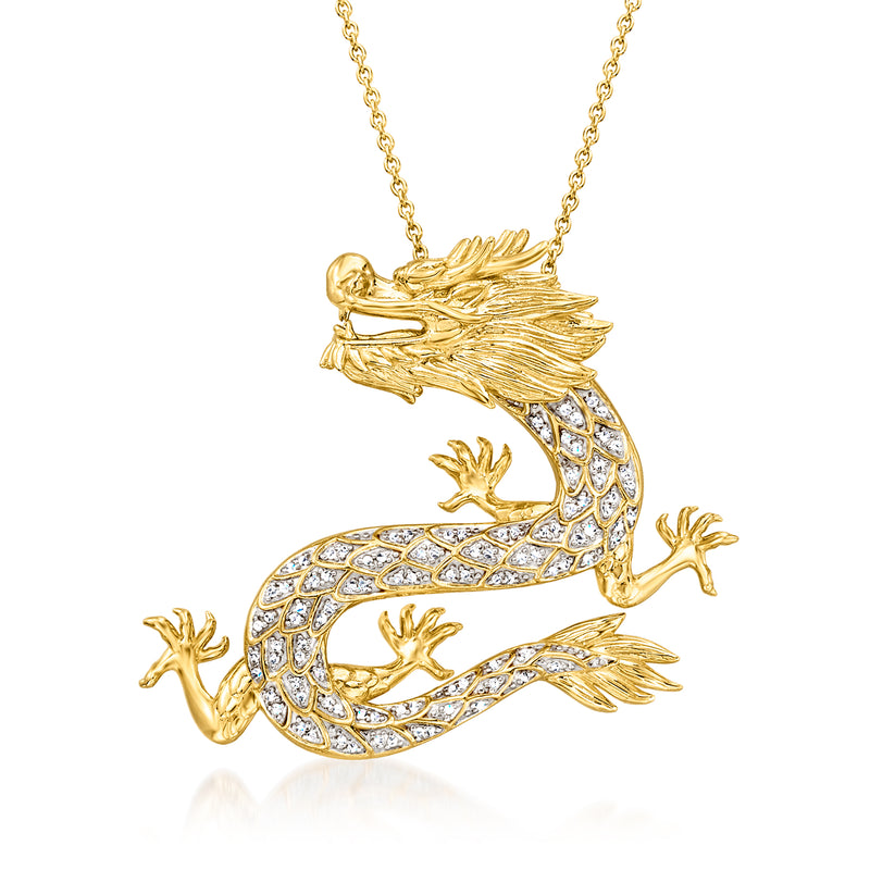 18kt gold over sterling dragon pendant necklace with pave crystal scales and link chain