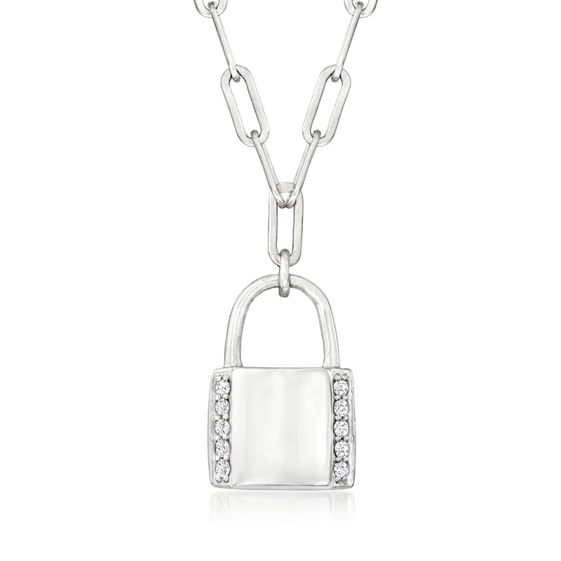 Sterling silver padlock pendant necklace with small round diamond accents, paper-clip link chain