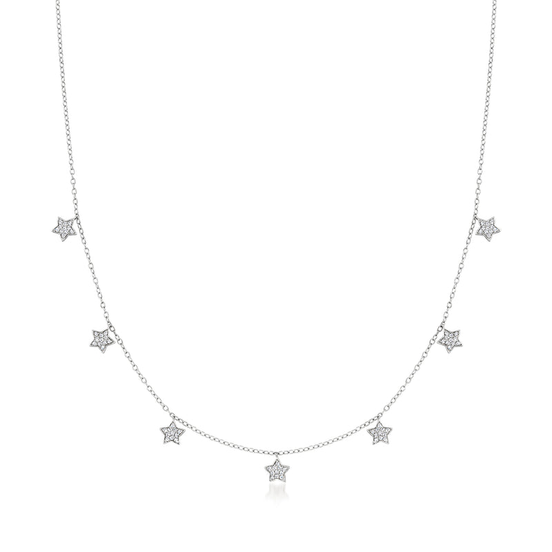 Sterling silver pave diamond star station necklace with six star charms