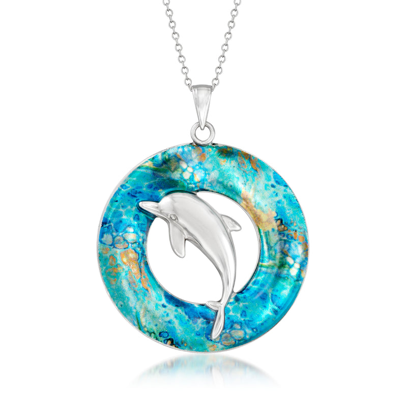 Sterling silver dolphin pendant necklace with multicolor enamel round disc, blue teal.