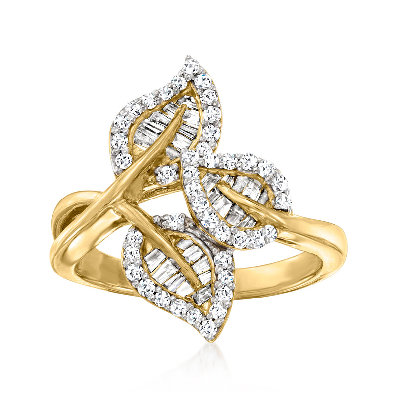 18kt gold over sterling diamond leaf ring with marquise-cut stones