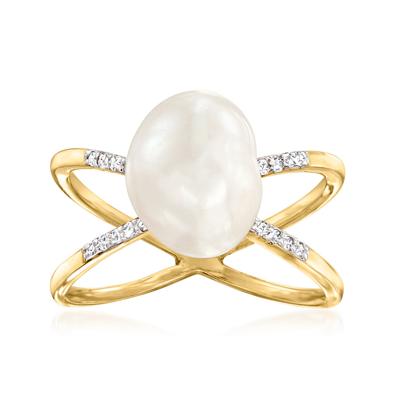 Gold crisscross ring with oval cultured pearl center and small diamond-like accents