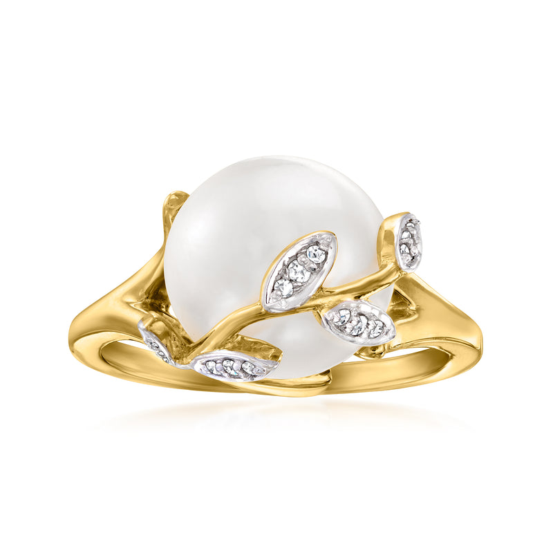 Cultured pearl leaf ring with diamond accents, 18kt gold over sterling, white pearl