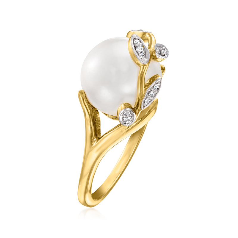 Gold over sterling leaf ring with white cultured pearl and diamond details, side view