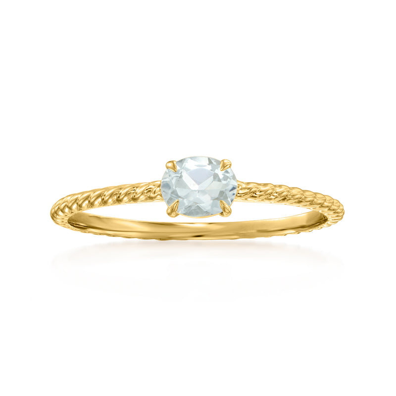 14kt yellow gold roped ring with aquamarine oval gemstone, solitaire setting