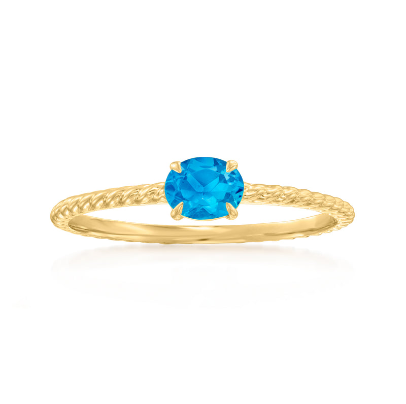 London blue topaz ring in 14kt yellow gold with cushion blue gemstone, four prongs