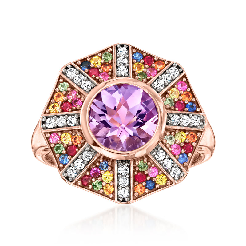 Rose gold multi-gemstone ring with round purple amethyst center and colorful side stones