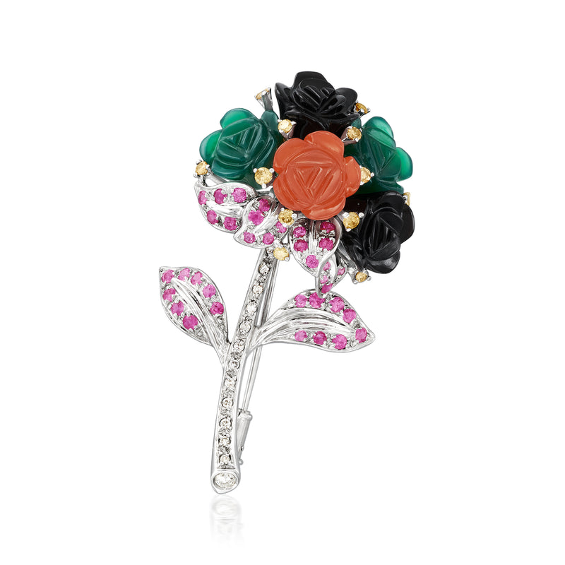 Vintage flower bouquet pin in white gold with black, green, orange and pink gems