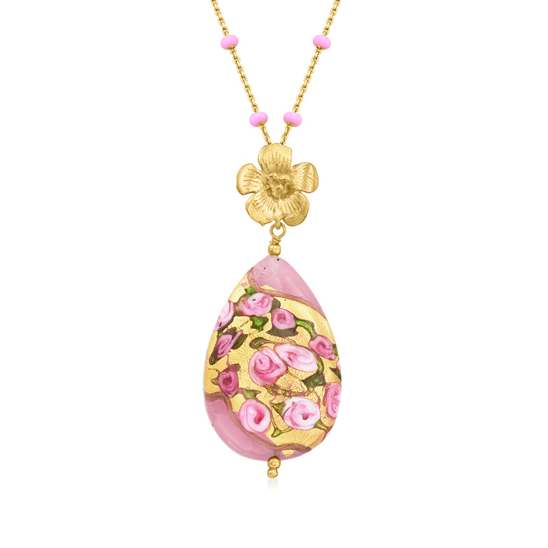 Gold necklace with Murano glass flower and pink teardrop pendant, beaded accents