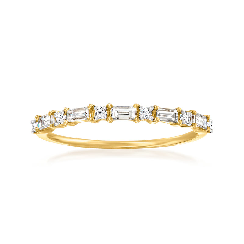14kt yellow gold baguette and round diamond ring with rectangular and round stones