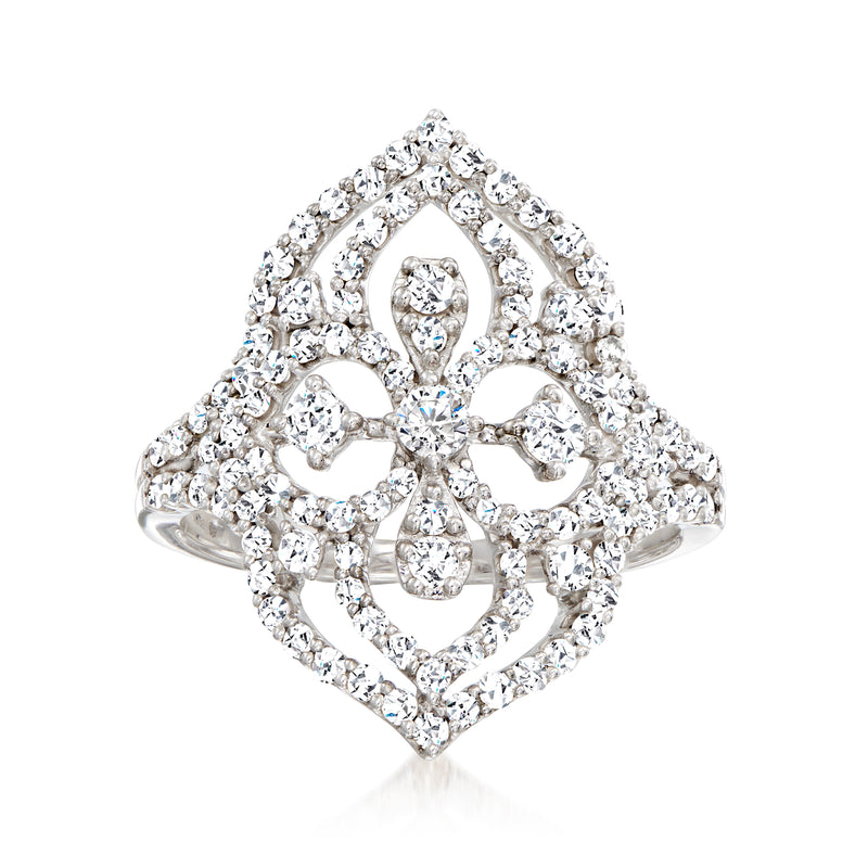 Sterling silver diamond floral openwork ring with heart-like lace pattern