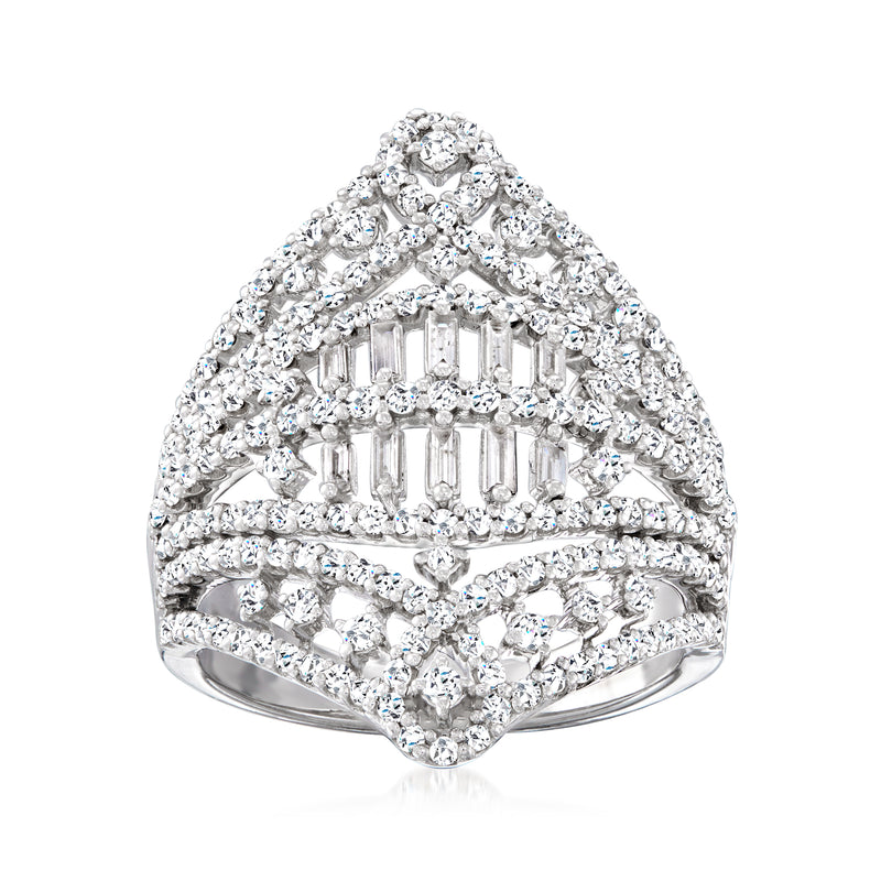 14k white gold openwork diamond ring with round and baguette stones