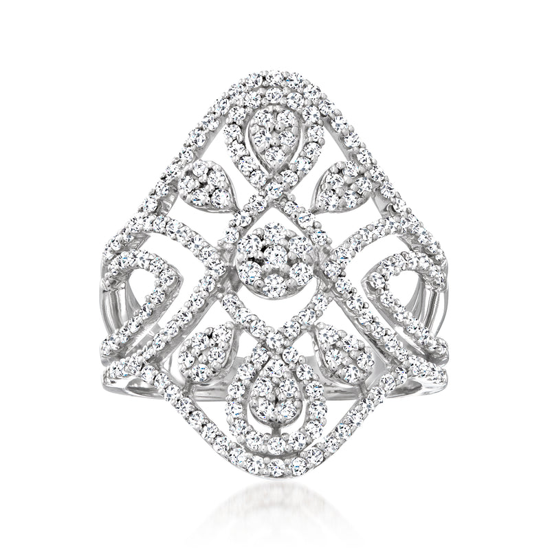 14kt white gold openwork diamond ring with pear and oval stone clusters