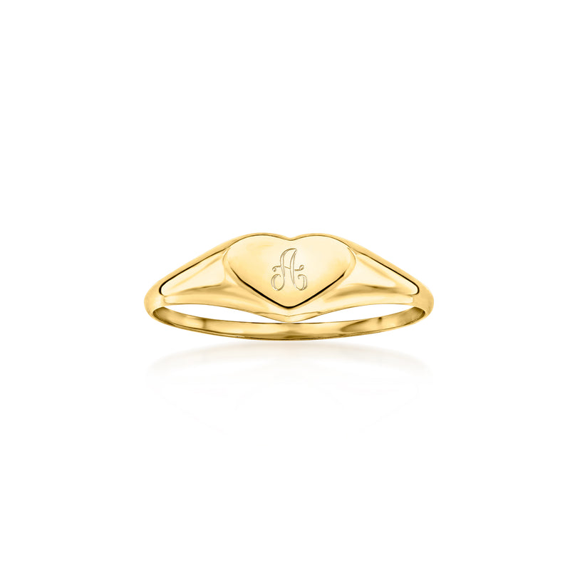 14kt yellow gold child heart signet ring, engraved initial on heart face