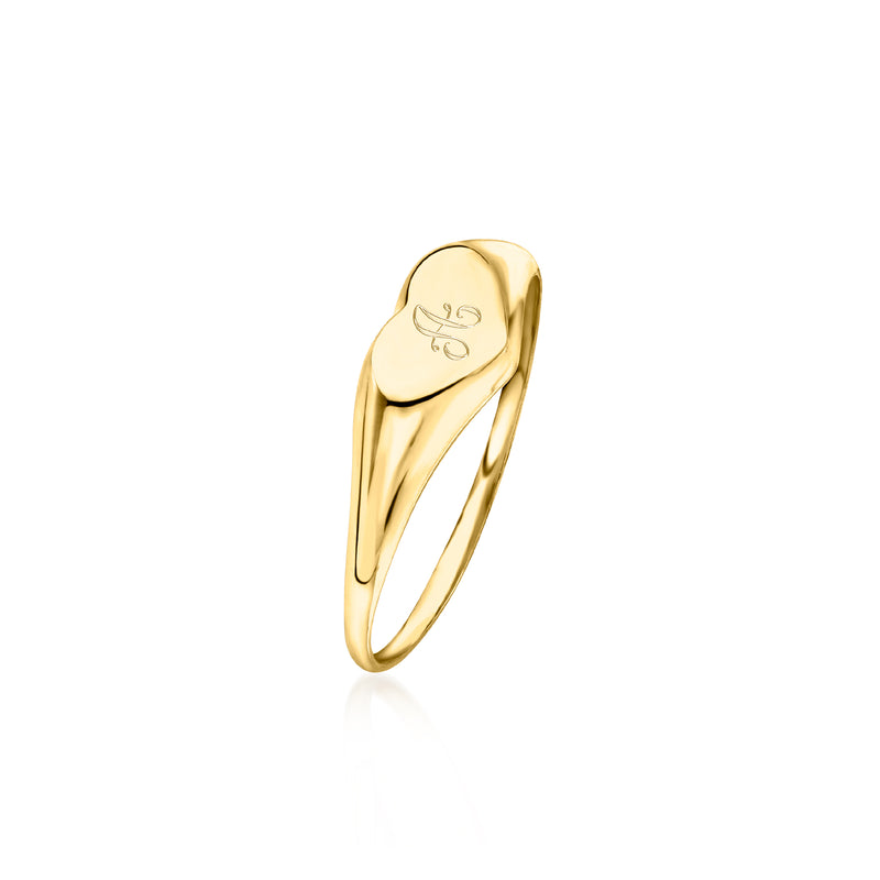 14kt yellow gold child heart signet ring, side view of engraved heart face