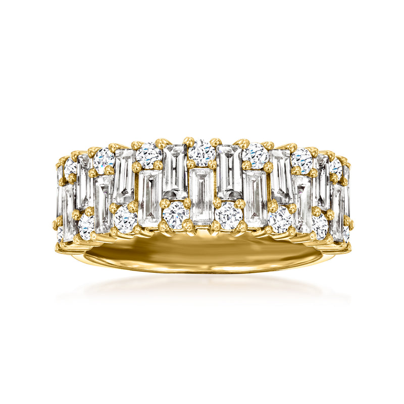 Staggered diamond ring in 14kt yellow gold with baguette and round stones