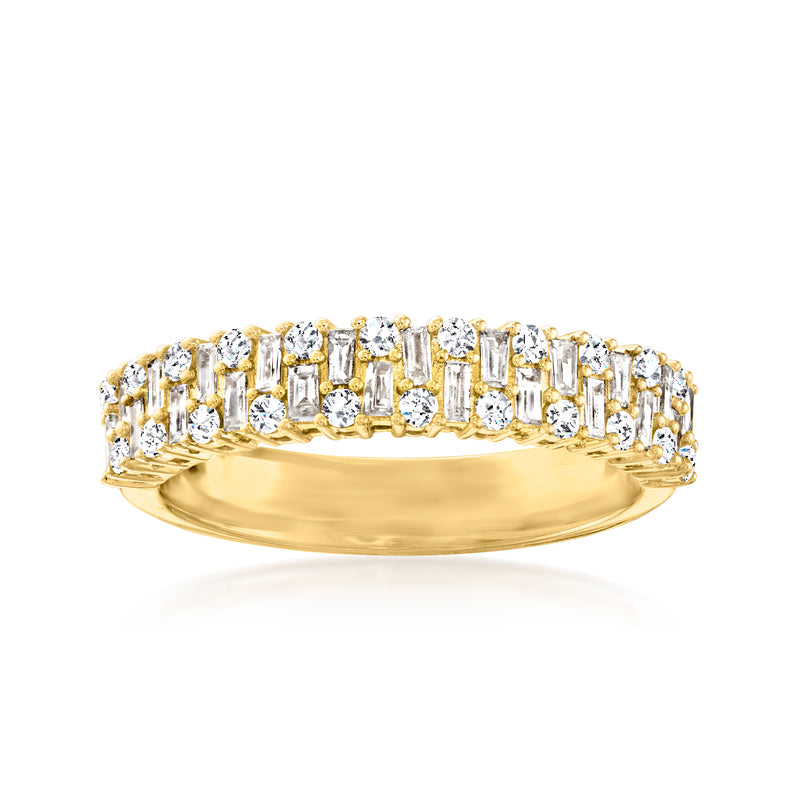 14kt yellow gold staggered diamond ring with baguette-cut stones