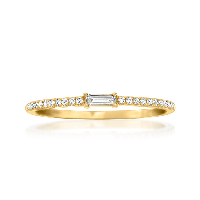 14kt yellow gold diamond ring with baguette center stone and round side stones