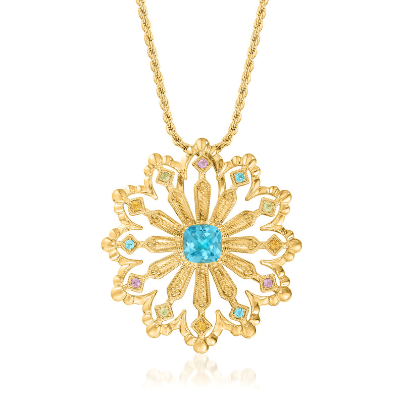 18kt gold over sterling floral pendant necklace with blue center gemstone and colorful accents