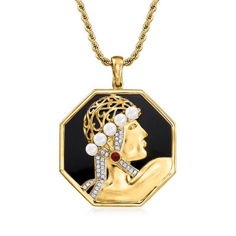 Gold-tone multi-gem pendant necklace with black octagon setting, pearl accents