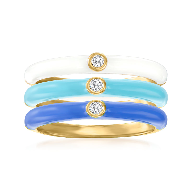 Gold-tone stackable ring set: three CZ stones with blue enamel bands