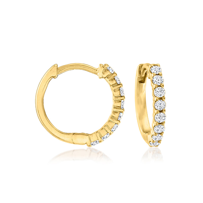14kt yellow gold huggie hoop earrings with round diamond accents