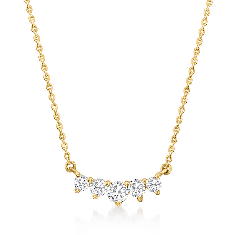 14kt yellow gold five-stone diamond necklace, round center stone, link chain