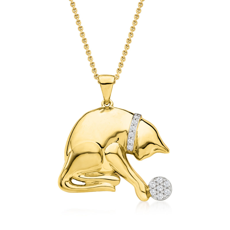 Gold cat pendant necklace with playing cat design and diamond accents
