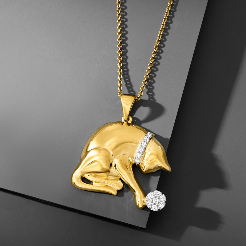 Gold cat pendant necklace with 3D playing cat and round diamond accents