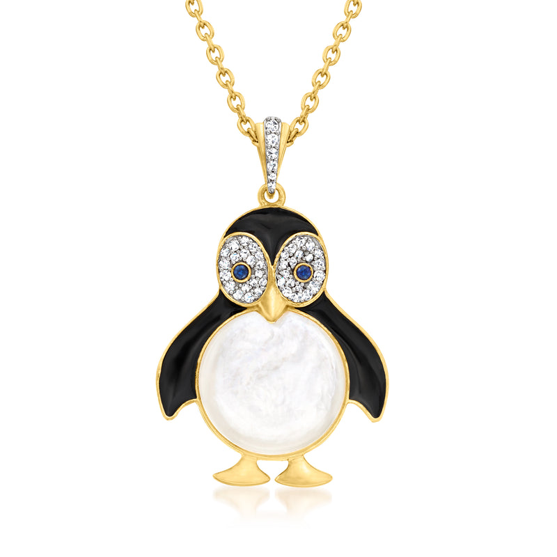 Penguin pendant necklace with black enamel, mother-of-pearl belly, crystal blue eyes, gold chain