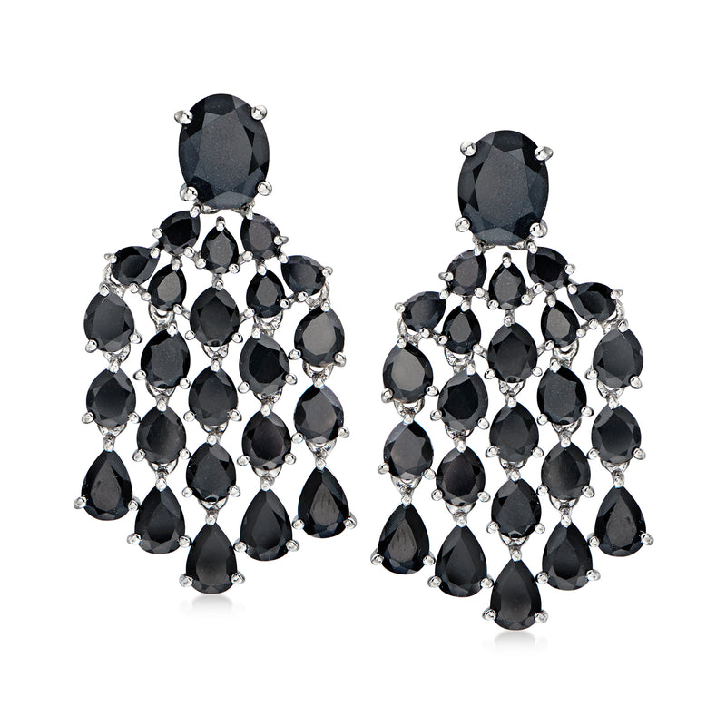 Sterling silver drop chandelier earrings with black oval gemstone clusters