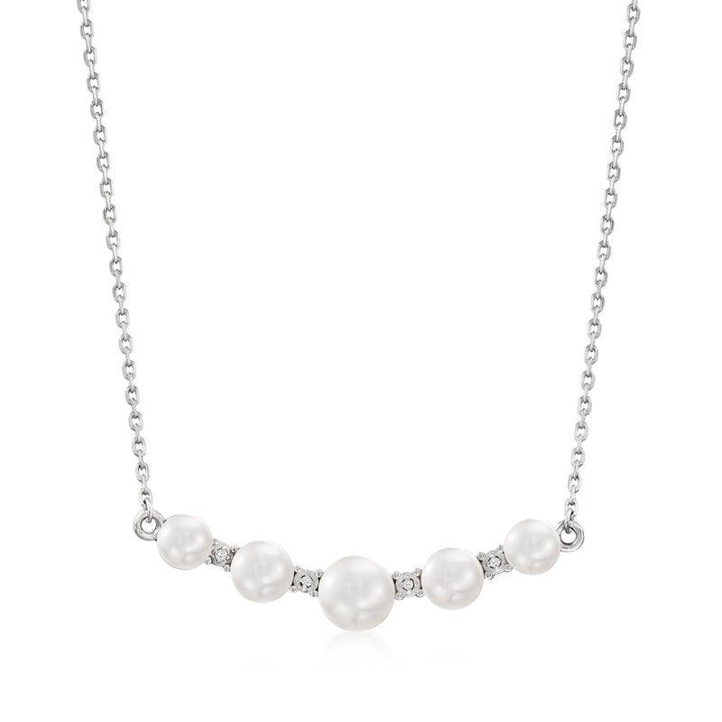 Sterling silver necklace with button cultured pearls and diamond accents, curved shape