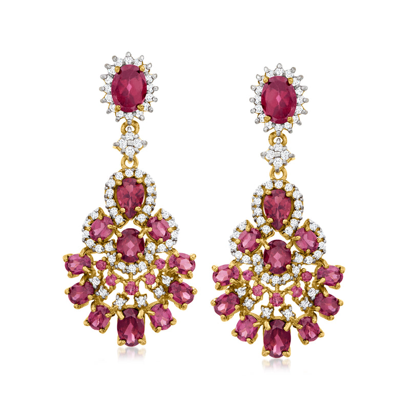 Gold-toned drop earrings with red oval rhodolite and white zircon accents