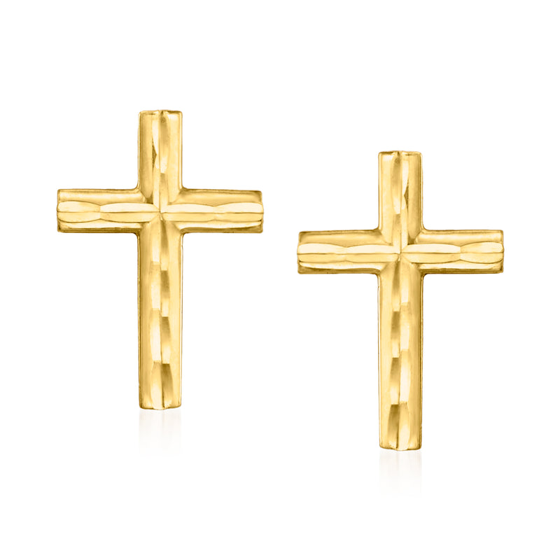 14kt yellow gold cross stud earrings, polished posts and bars